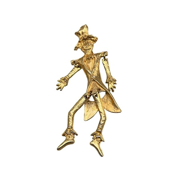 Vintage Articulated Scarecrow Pin Brooch Gold Tone Oversized Statement Jewelry - Picture 1 of 5